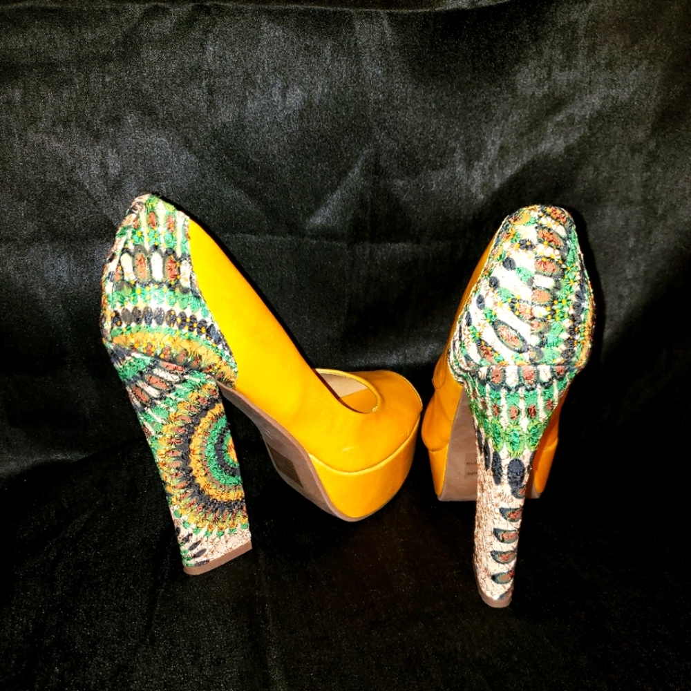 Mustard yellow colored, peep toe, w/multi color(6in)heel and platformbottom shoe